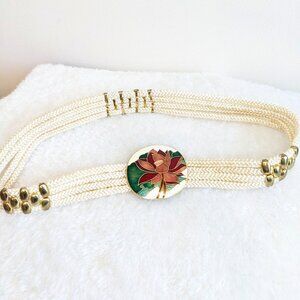 Vintage Ivory Stretch Silk Rope Belt with Floral Cloisonne Gold & Enamel Buckle